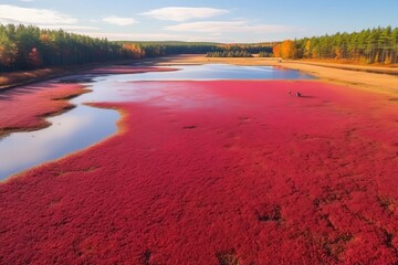 An aerial view of a cranberry bog during harvest season, displaying the vibrant colors and patterns - obrazy, fototapety, plakaty