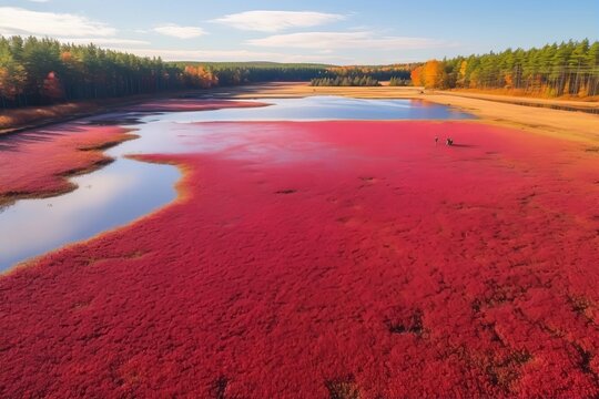 An aerial view of a cranberry bog during harvest season, displaying the vibrant colors and patterns