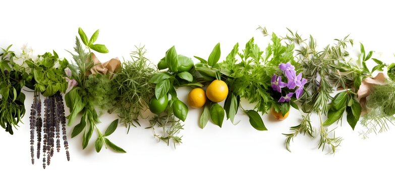 Array of unique Mediterranean herbs and spices hanging on wall, front view, with creative framing, commercial image, subtle shadow, ideal blog background or web page, Generative AI, Generative, KI