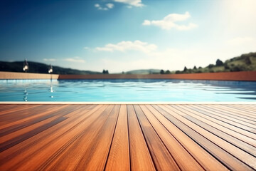 Empty wooden deck with swimming pool , Beautiful minimalist pool side view with blue sky. Generative Ai.