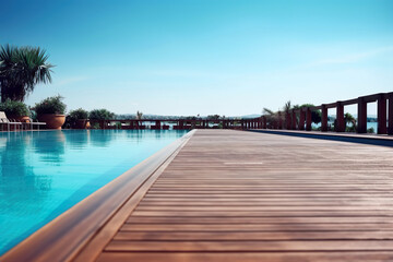 Empty wooden deck with swimming pool , Beautiful minimalist pool side view with blue sky. Generative Ai.