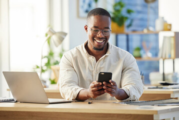 African business man, texting and phone in office with smile, connection and meme on social media app. Happy black businessman, typing and smartphone for networking, contact and reading blog on web - obrazy, fototapety, plakaty