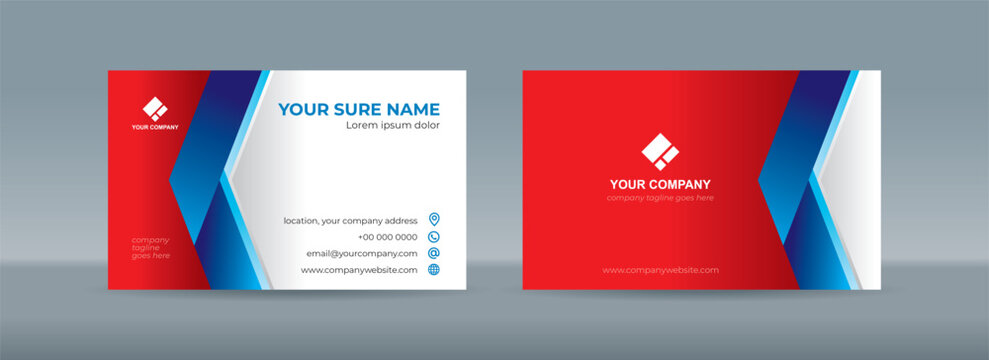 Set Of Double Sided Business Card Templates With Simple Folded Blue Ribbon On White Red Gradation Background