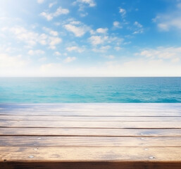 Fototapeta na wymiar AI Generated empty wood table top on summer blue sea ocean and sky background. Generative AI.