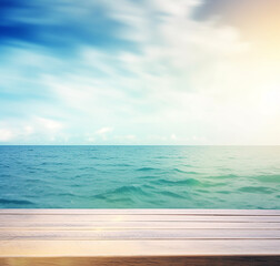 Fototapeta na wymiar AI Generated empty wood table top on summer blue sea ocean and sky background. Generative AI.