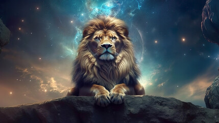 Astrology, alchemy and magic symbol. Meditating with lion horoscope sign. Generative Ai.