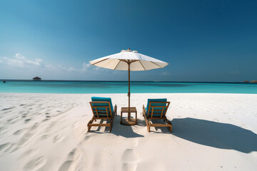 Amazing beach landscape. White sand, chairs and umbrella travel tourism wide panorama background. Generative Ai.