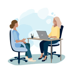 Job interview. HR manager talking to a woman in the office. Friendly employer and job seeker. Business vector illustration in flat style.