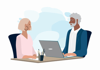 Job interview. HR manager talking to a woman in the office. Friendly employer and job seeker. Business vector illustration in flat style.