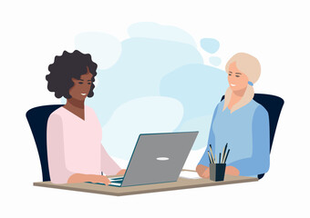 Fototapeta na wymiar Job interview. HR manager talking to a woman in the office. Friendly employer and job seeker. Business vector illustration in flat style.