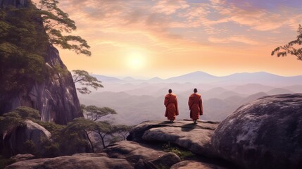 Two wise buddhist monks in orange robes admiring the landscape and beautiful view from the mountain. Concept of contemplation of own life. Karma, incarnation, spirituality. Generative AI. - obrazy, fototapety, plakaty