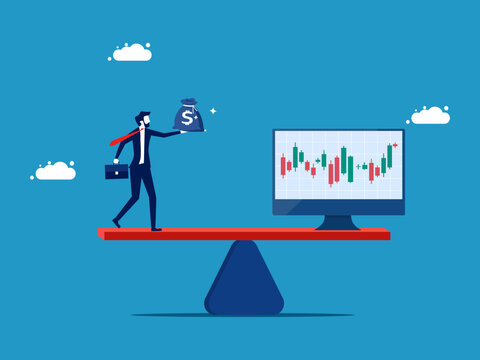 Measure the value of a stock or stock purchase. Businessman with money and stocks on the scale vector