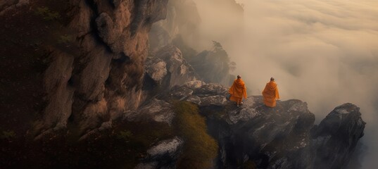 Two wise buddhist monks in orange robes admiring the landscape and beautiful view from the mountain. Concept of contemplation of own life. Karma, incarnation, spirituality. Generative AI. - obrazy, fototapety, plakaty