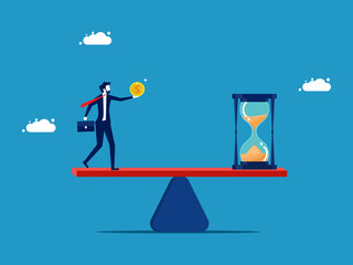 Buy time or opportunity cost. Businessman with money and hourglass on scales vector