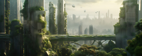 Futuristic cityscape with a lot of trees, floating spacecrafts, clean and streamlined, light white and green, majestic ports. Generative AI
