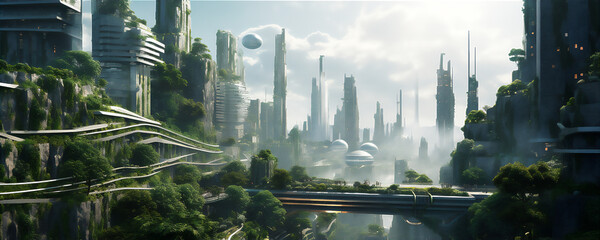 Futuristic cityscape with a lot of trees, floating spacecrafts, clean and streamlined, light white and green, majestic ports. AI generated - obrazy, fototapety, plakaty