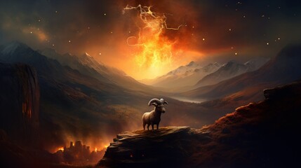 Aries Zodiac sign, Goat ram horoscope astrology wallpaper background illustration, Generative AI