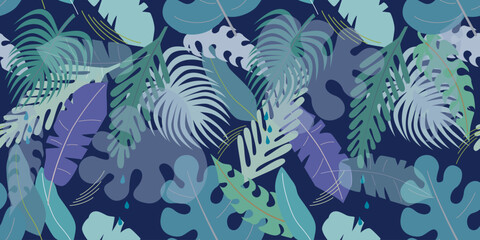 Fototapeta na wymiar Modern seamless pattern with tropical leaves, dense jungle. Minimalistic botanical pattern, trendy colors. Vector background
