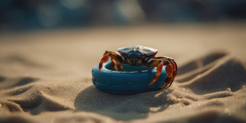 A cute little crab on a sandy beach sits in a small blue inflatable circle. Creative concept for a summer beach vacation, sea entertainment. Generative AI professional photo imitation.
