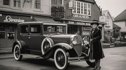 Fotobehang Woman in front of a vintage car in a street in the 1920's - Generative AI © Dennis