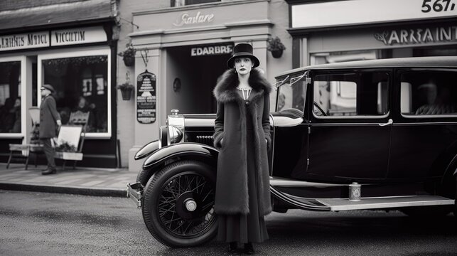 Woman in front of a vintage car while wearing a hat - Generative AI