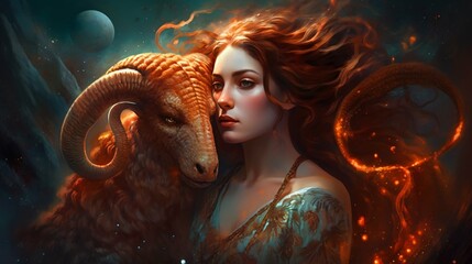 Zodiac Aries wallpaper background illustration, Goat ram horoscope astrology art, Generative AI