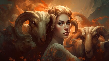 Zodiac Aries wallpaper background illustration, Goat ram horoscope astrology art, Generative AI - obrazy, fototapety, plakaty