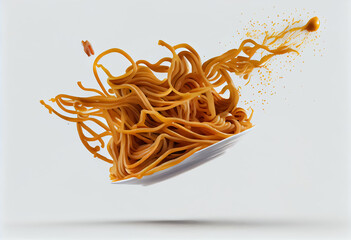 Spaghetti carbonara with onion and mushroom cream sauce with ham and fresh basil on a white background, AI