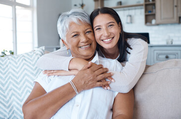 Hug, sofa and portrait of women smile for care, trust and support on a couch in a home together for...