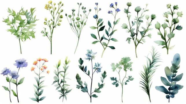 Wild plants watercolor isolated on white background. AI generative.