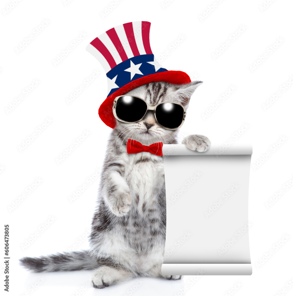 Poster cute kitten wearing like uncle sam looks at camera and shows empty list. isolated on white backgroun