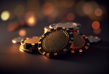 Fototapeta na wymiar Poker chips on a gaming table with beautiful lighting, AI.