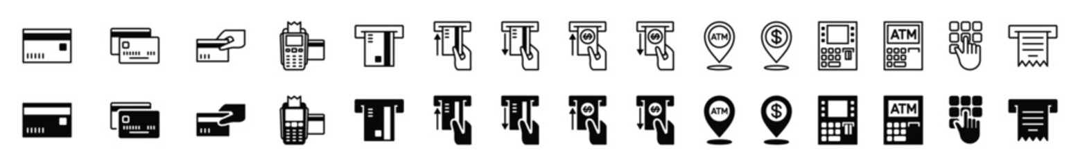 ATM icons vector set. ATM machine, bank, withdraw, cash deposit, credit card, pin map, location, terminal in line and flat style on white background with editable stroke for apps and websites