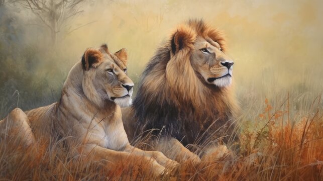 Beautiful lions in a pride, resting on a gravel path in the midst of grass and trees. Generative AI
