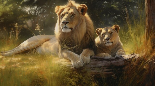 Beautiful lions in a pride, resting on a gravel path in the midst of grass and trees. Generative AI