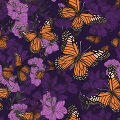 monarch butterflies dance together in harmony in a purple floral seamless pattern.