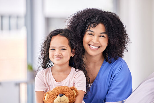 Portrait, Nurse And Child On Bed In Hospital For Children, Health And Support In Expert Medical Treatment. Pediatric Healthcare, Kids And Happy Face Of Nursing Caregiver With Young Patient At Clinic.