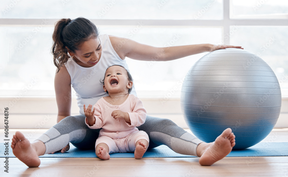 Poster Woman, happy baby and floor with exercise ball, laughing and bonding together with fitness, health and wellness. Workout, mother and daughter with happiness, home and excited face for training in gym