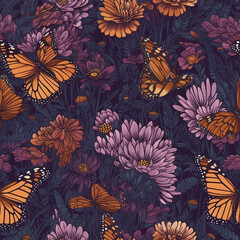 seamless purple floral design: on display is the glory of the monarch butterfly