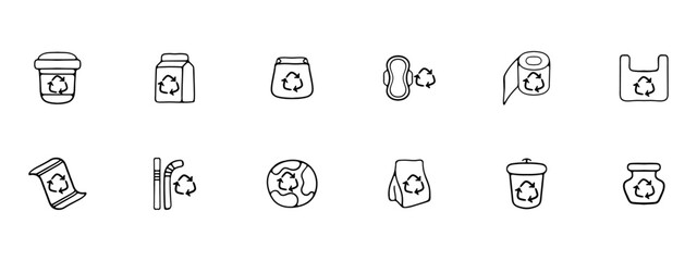 Set of recycling icons. Waste management, eco-friendly symbols, recycling bins, sustainable lifestyle. Green concept. Vector line icon for Business