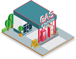 Isometric vector illustration of a gas station building with two dispensers, cute bright style placed on a white background isolated use in mapping, infographics and other media.