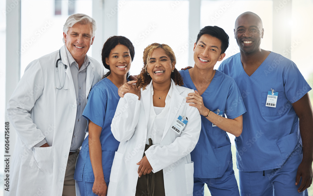 Poster Portrait, nurses and team of doctors smile standing together in hospital or clinic. Face, healthcare and medical professionals, group diversity or happy surgeons in collaboration, teamwork or support