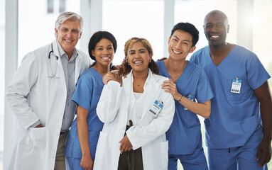 Portrait, nurses and team of doctors smile standing together in hospital or clinic. Face,...