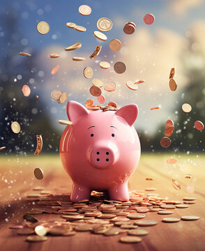 Pink piggy bank with money on background.