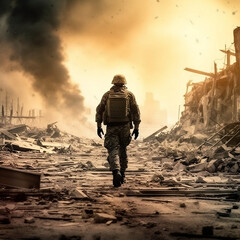 Warzone aftermath: Special forces soldier amidst destruction and wide banner copyspace, generative AI