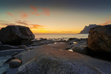 Fototapeta na wymiar Utakleiv beach sunrise, seascape at Lofoten Islands, Norway.