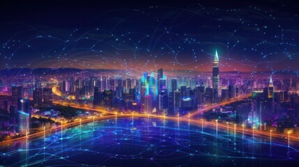 Naklejka na ściany i meble Smart city with big data connection technology concept. AI generative.