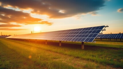 Solar power plant on field. Energy generation electric. AI generative.