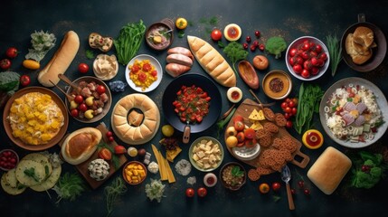 Top view of various foods as culinary concept. AI generative.