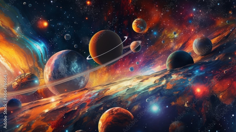 Poster a digital holographic background with a view of the sky, with stars and planets visible. ai generati